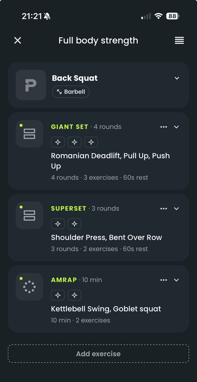 PackPT workout plan with supersets and real-time set tracking