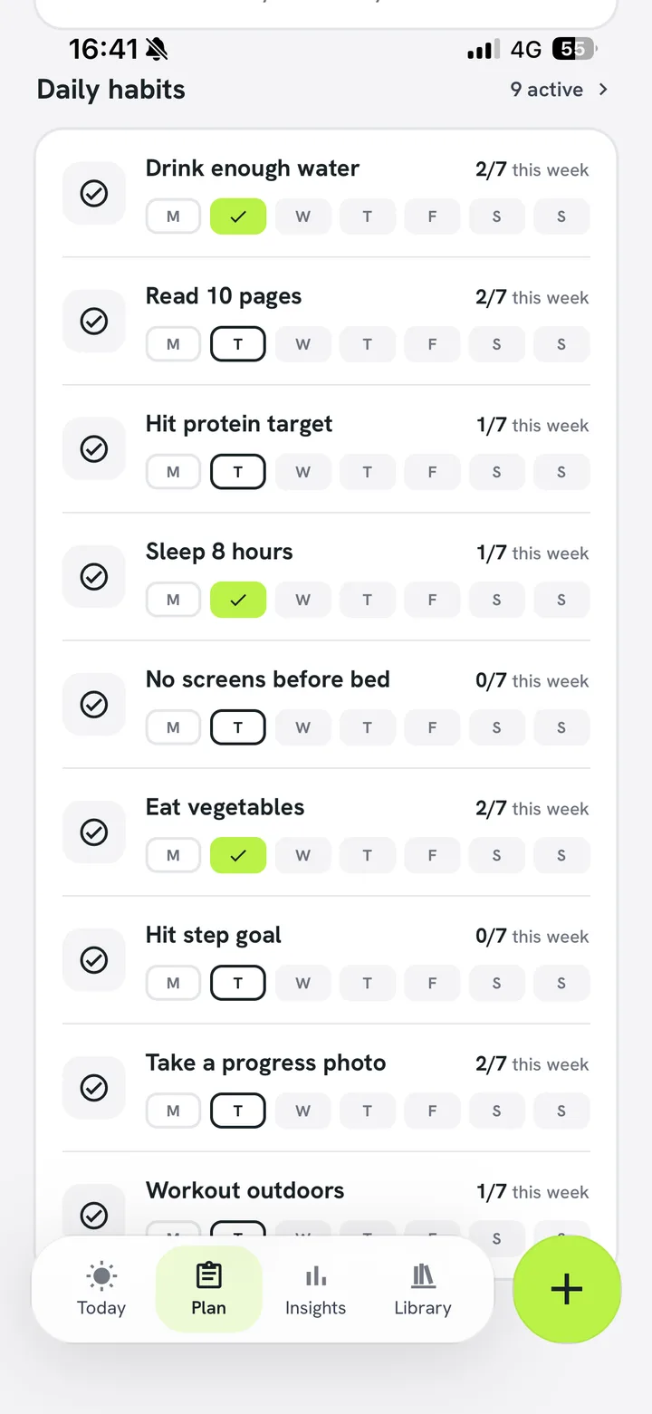 Nine daily habits with the week’s completed days marked against each one.