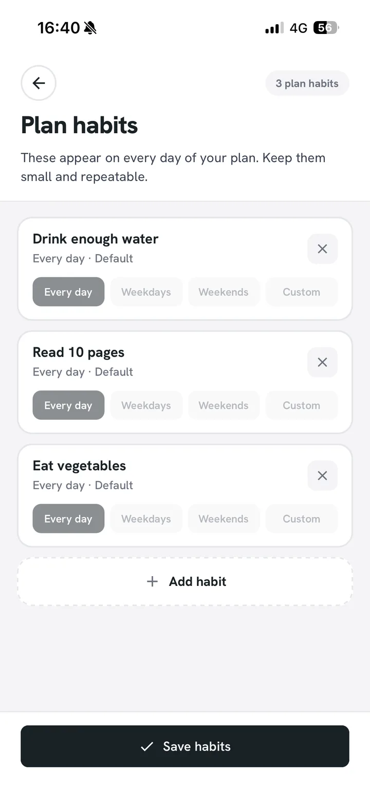 Today’s habits grouped into active, sleep and nutrition, with some already ticked off.