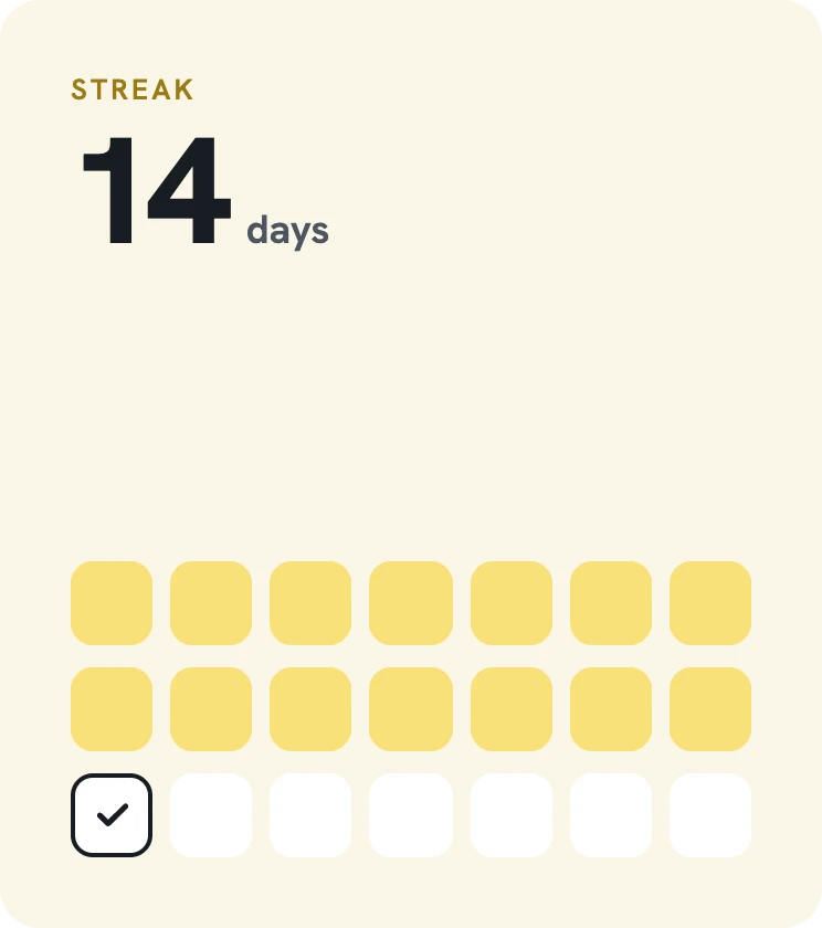 Habits cover: a fourteen-day streak of completed days.