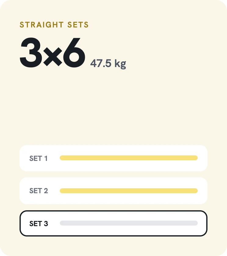 Workout builder cover: a straight-sets block of three by six at 47.5kg.