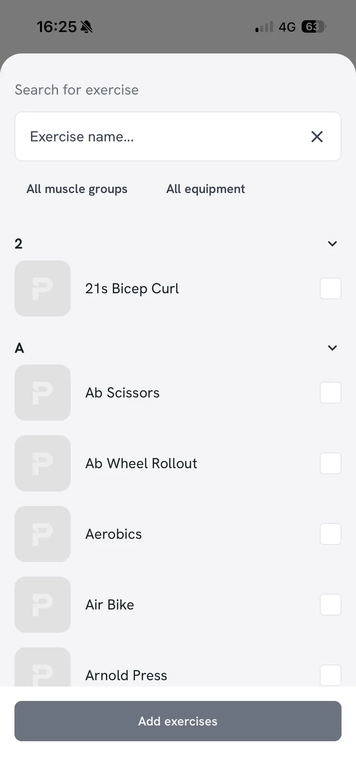 Searching the exercise library to add exercises to a session.
