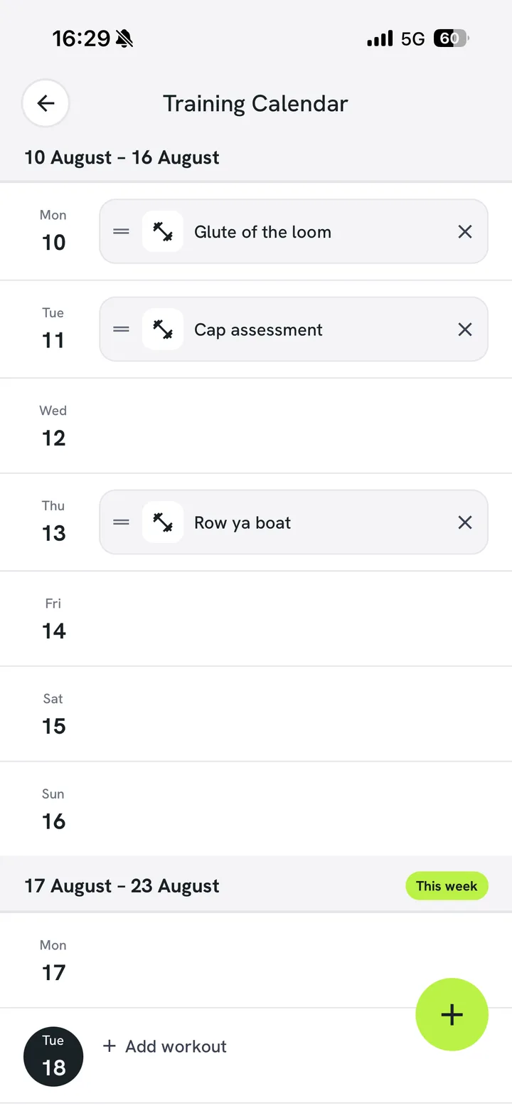 The training calendar with sessions laid out day by day across the week.