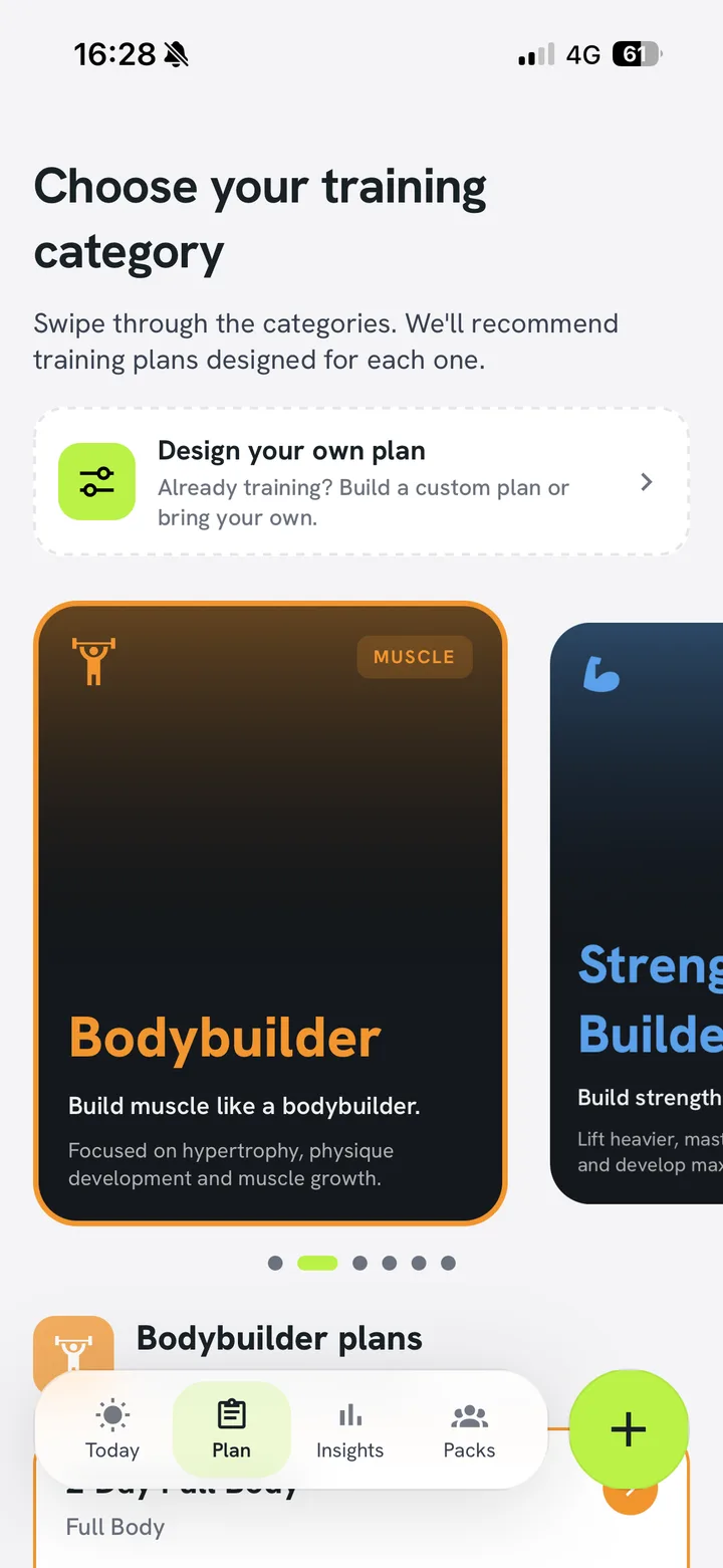 Choosing a training category to get recommended plans, or designing your own from scratch.