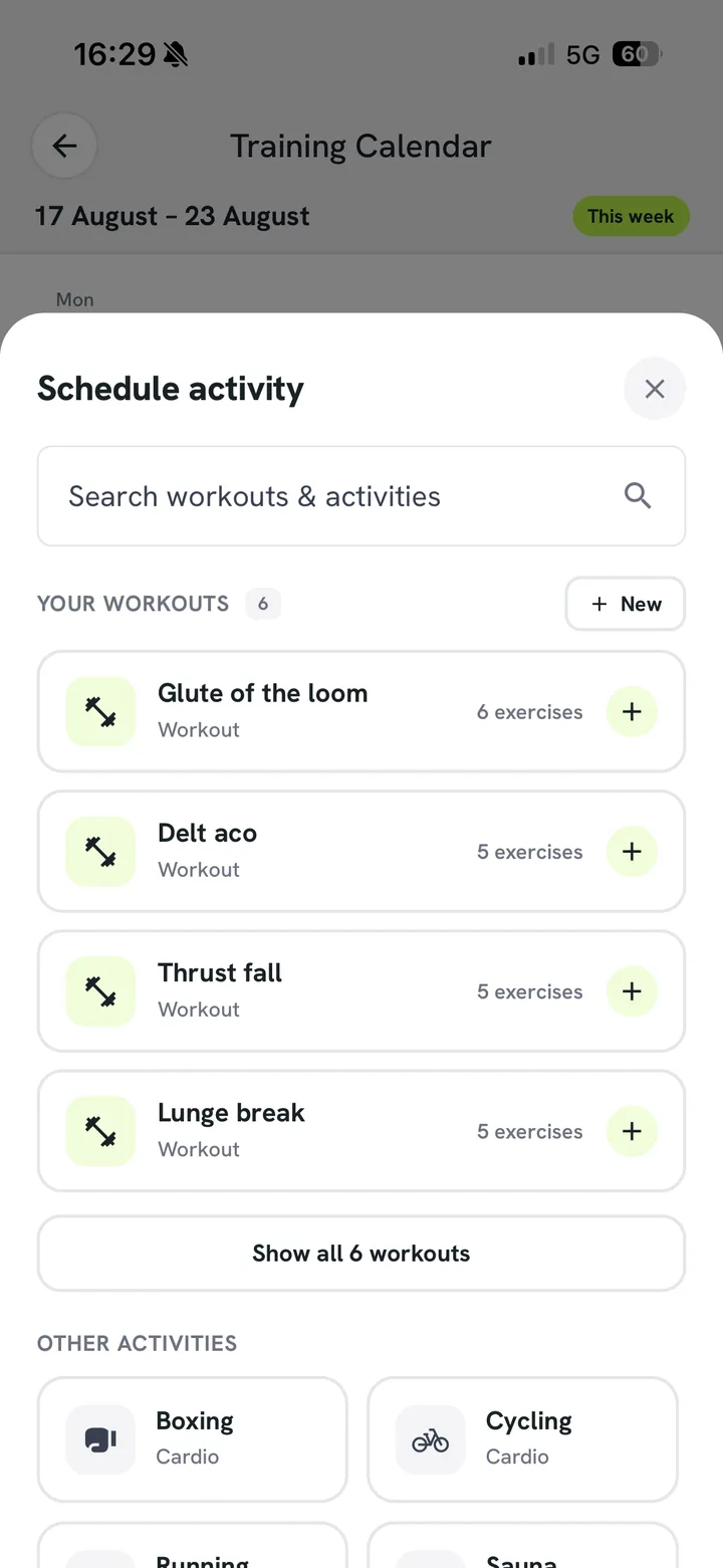 Adding a workout to a day from the training calendar’s activity picker.