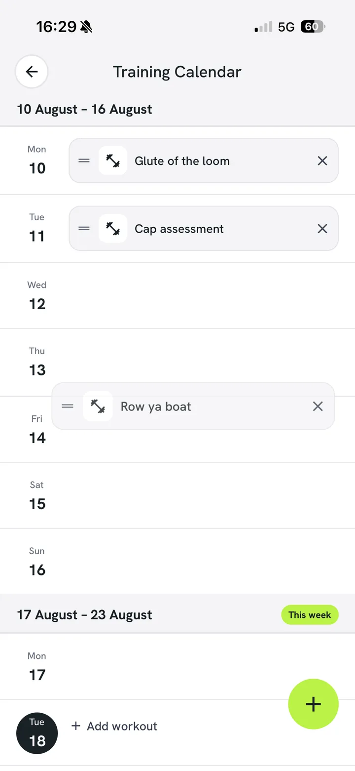 Dragging a session between days on the training calendar.