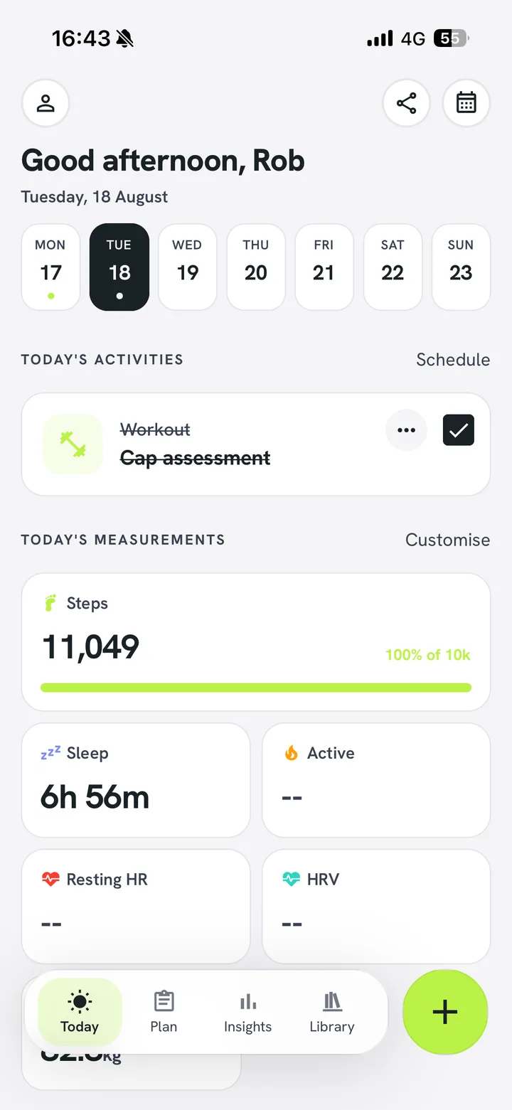 The Today screen with the week strip, today’s session and step, sleep and heart-rate measurements.