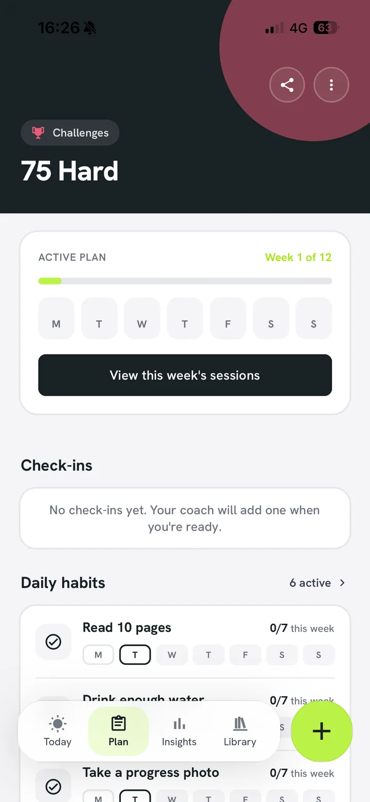 An active plan showing this week’s sessions, check-ins and habits.