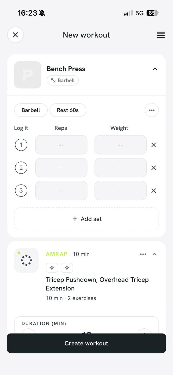 The Pack PT workout builder with a bench press and an AMRAP block ready to save.